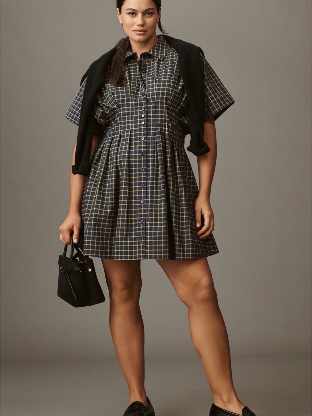 Anthropologie Tobie Navy and Yellow Plaid Mini Shirt Dress 3x New with Tags